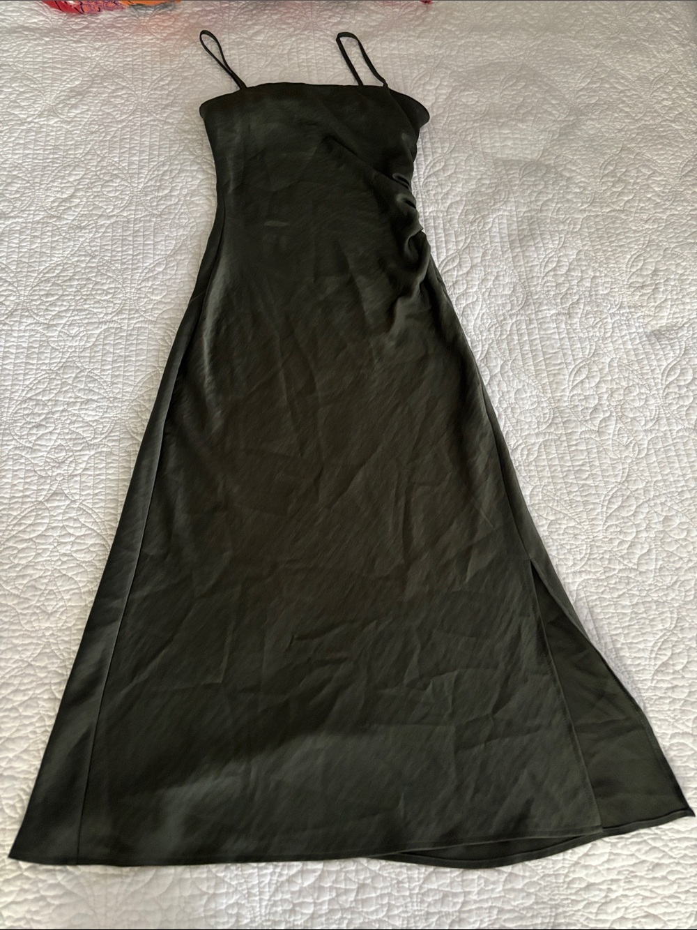 Zara Satin Midi Slip Dress Ruched Side Spaghetti Straps Emerald Green Size XS - Picture 9 of 14